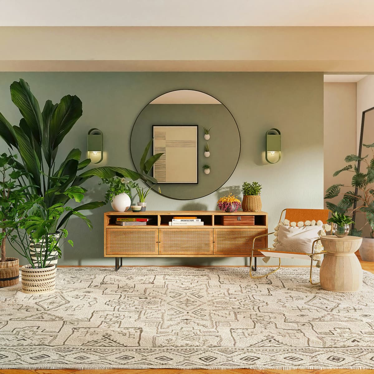 Sage green painted feature wall with round mirror, wall lights and rattan sideboard in an Allestree family home